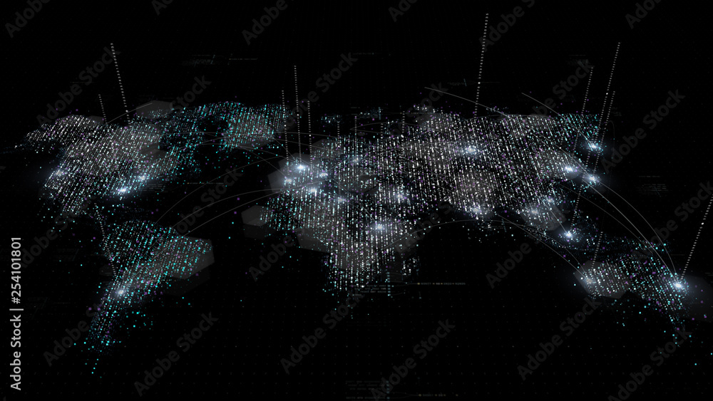 Poster Futuristic global broadband internet communication between cities around the world with matrix particles continent map for head up display background
