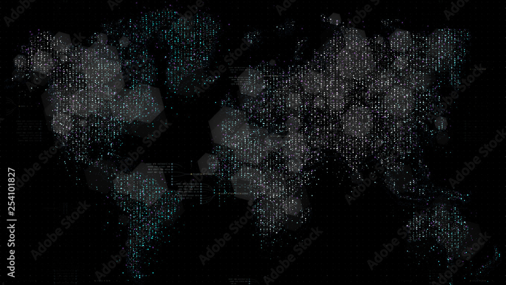Poster Futuristic global broadband internet communication between cities around the world with matrix particles continent map for head up display background