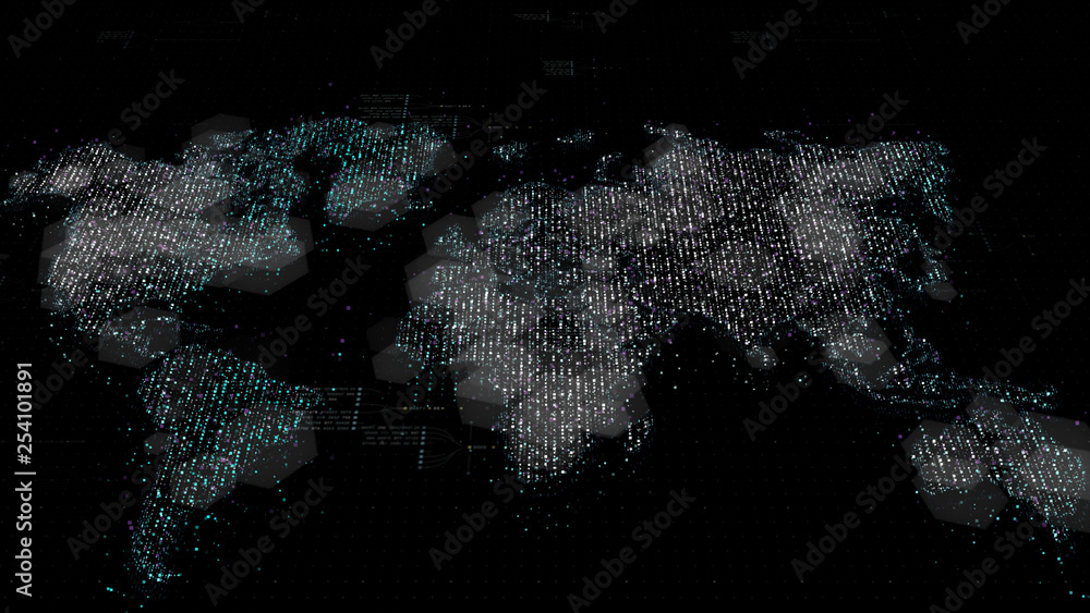 Poster Futuristic global broadband internet communication between cities around the world with matrix particles continent map for head up display background