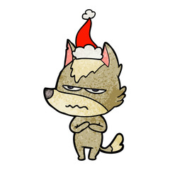 textured cartoon of a annoyed wolf wearing santa hat