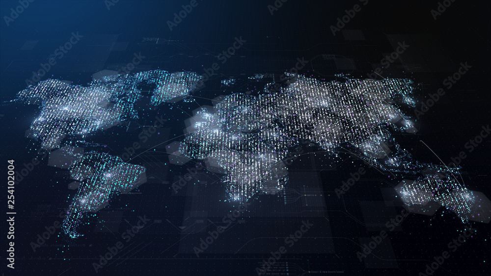 Poster Futuristic global broadband internet communication between cities around the world with matrix particles continent map for head up display background
