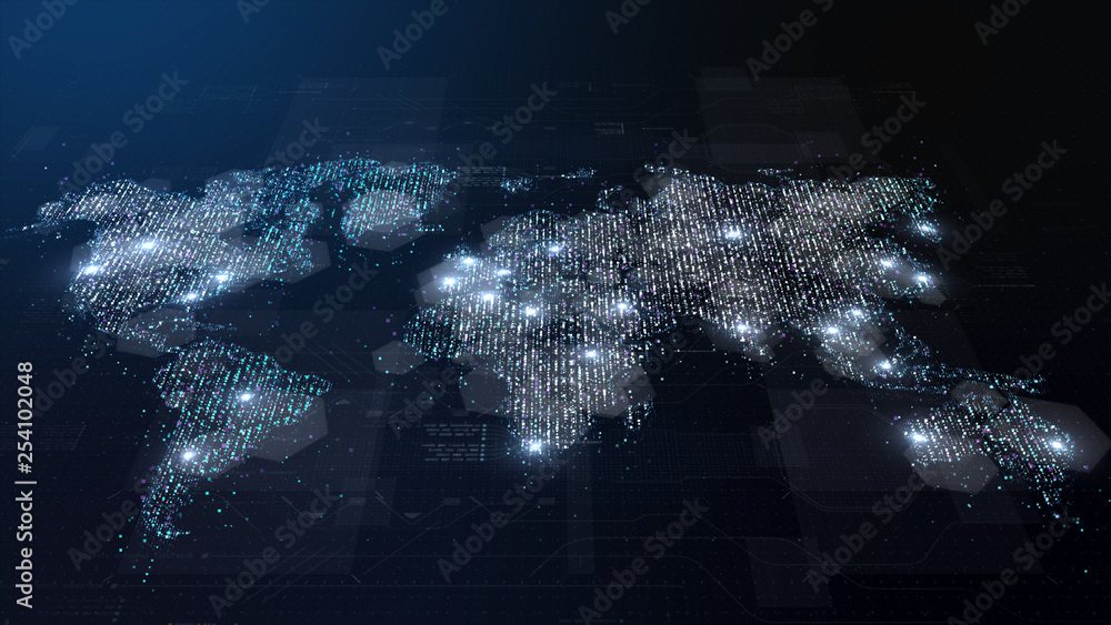 Poster Futuristic global broadband internet communication between cities around the world with matrix particles continent map for head up display background