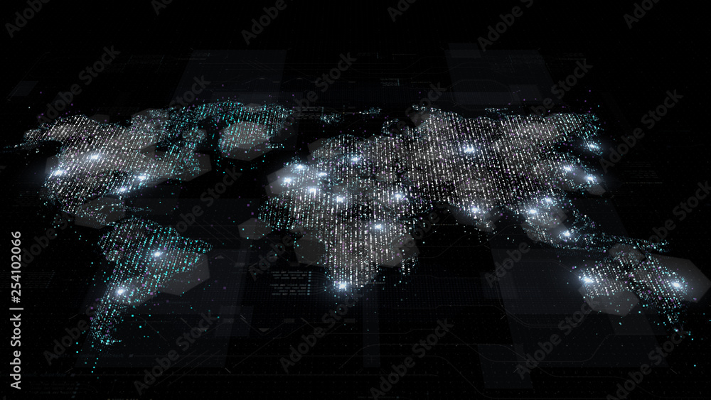 Poster Futuristic global broadband internet communication between cities around the world with matrix particles continent map for head up display background
