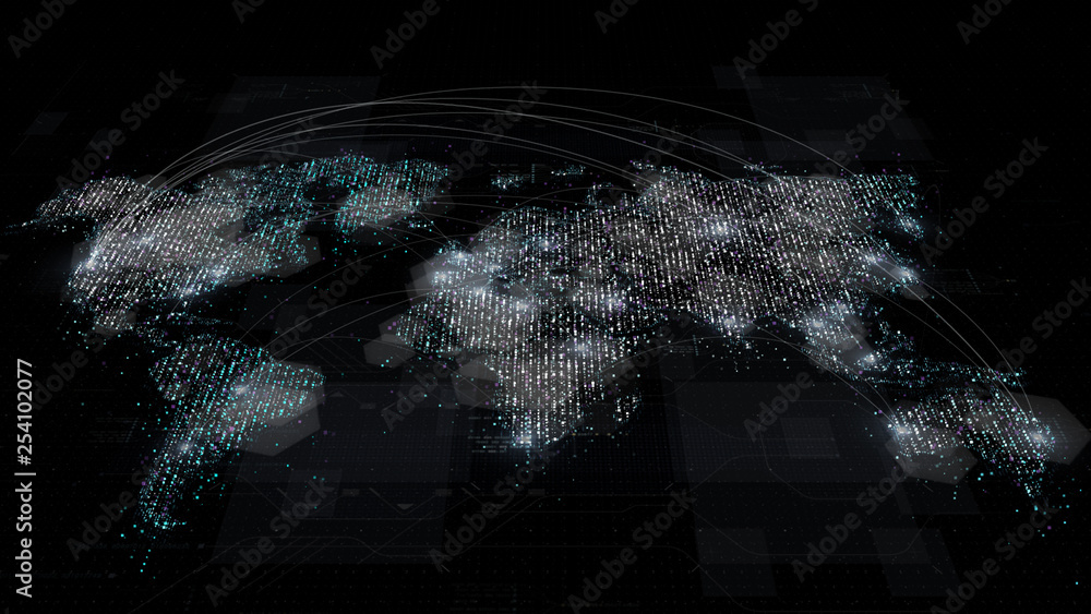 Poster Futuristic global broadband internet communication between cities around the world with matrix particles continent map for head up display background
