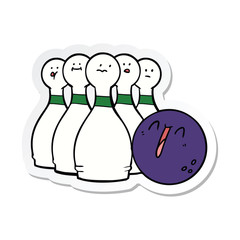 sticker of a cartoon laughing bowling ball and pins