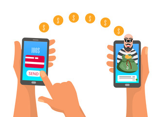 Robber man stole money via transfer online from mobile. on white  illustration