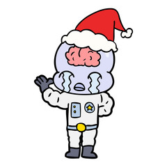 line drawing of a big brain alien crying wearing santa hat