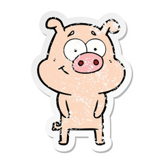 distressed sticker of a happy cartoon pig