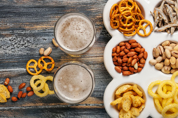Lager beer and snacks