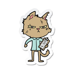 sticker of a tough cartoon cat with clipboard