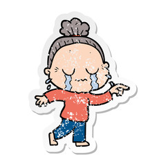 distressed sticker of a cartoon crying old lady