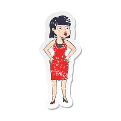 retro distressed sticker of a cartoon woman in dress with hands on hips