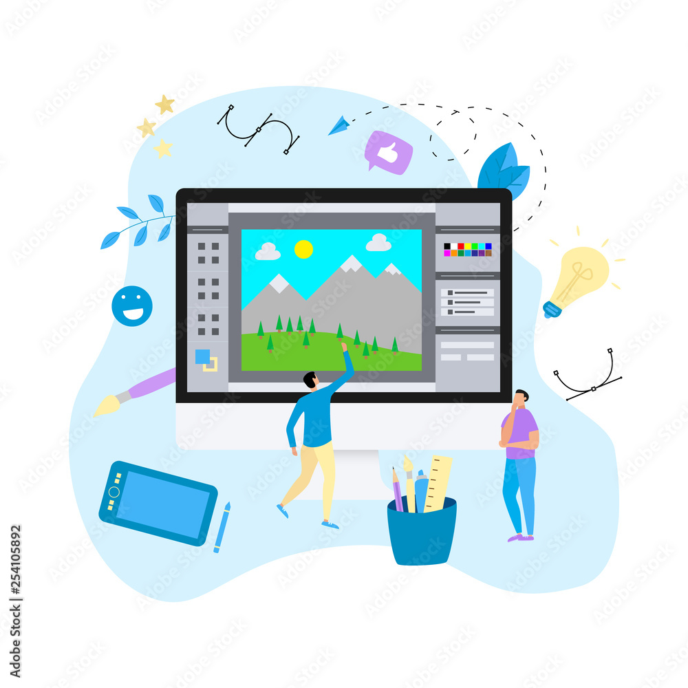 Aufkleber flat vector graphic drawing concept with open illustration application with a creative project