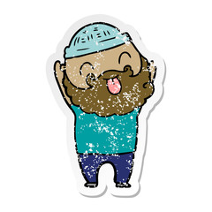 distressed sticker of a man with beard sticking out tongue