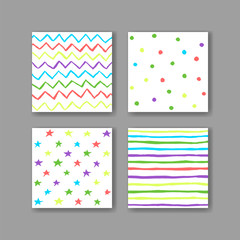 set of vector seamless pattern of watercolor stars, strips, zigzag, spots