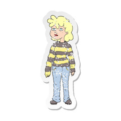 retro distressed sticker of a cartoon woman in casual clothes