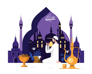 Muslim man in traditional outfit reading Namaaz, islamic prayer in front of islamic mosque Background for holy month of prayer, Ramadan Kareem celebration. flat design element. Vector illustration
