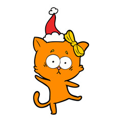 line drawing of a cat wearing santa hat