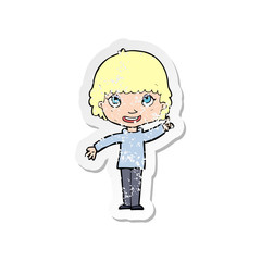 retro distressed sticker of a cartoon woman with idea