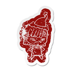 cartoon distressed sticker of a woman wearing santa hat