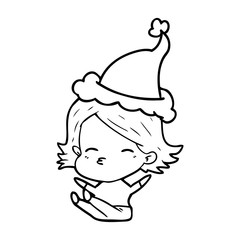 line drawing of a woman sitting wearing santa hat