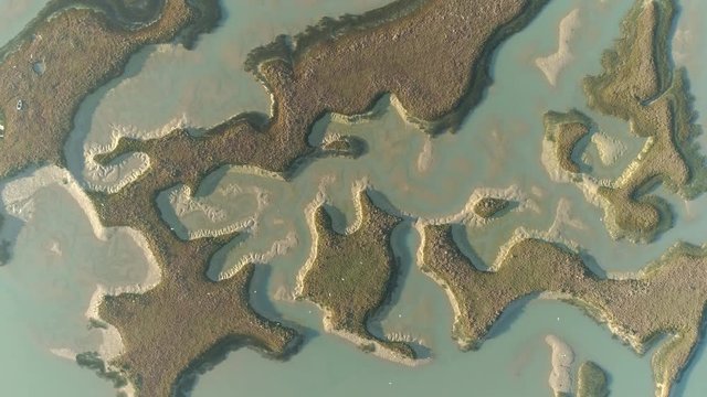 Aerial view of intertidal zone. Sandbanks in tide zone, Ocean shore - Atlantic Ocean