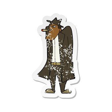 recommend clip art: retro distressed sticker of a cartoon man in hat and trench coat
