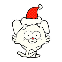 nervous dog comic book style illustration of a wearing santa hat