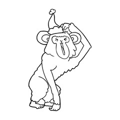 line drawing of a chimp scratching head wearing santa hat