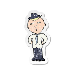 retro distressed sticker of a cartoon man wearing hat