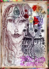 Gordijnen Alchemie en tarot. Manuscripten, schetsen, graffiti en alchemistische, astrologische, esoterische, etnische tekeningen, met symbolen, tarots en chemische en magische formules © Rosario Rizzo