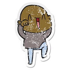 distressed sticker of a happy cartoon bald man