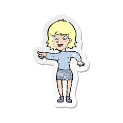 retro distressed sticker of a cartoon woman pointing