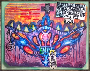 Schilderijen op glas Alchemie en tarot. Manuscripten, schetsen, graffiti en alchemistische, astrologische, esoterische, etnische tekeningen, met symbolen, tarots en chemische en magische formules © Rosario Rizzo