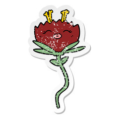 distressed sticker of a happy cartoon flower