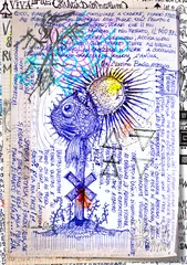 Gordijnen Alchemie en tarot. Manuscripten, schetsen, graffiti en alchemistische, astrologische, esoterische, etnische tekeningen, met symbolen, tarots en chemische en magische formules © Rosario Rizzo