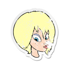 retro distressed sticker of a cartoon pretty female face pouting