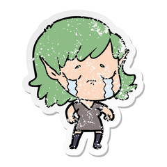 distressed sticker of a cartoon crying elf girl