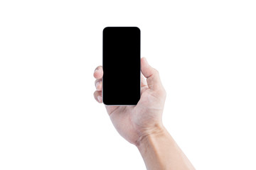Hand holding mobile smart phone, blank white screen isolated on white background. Clipping path include