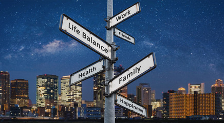 Life balance choices on signpost, with city at night backgrounds	
