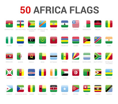 Africa flags of country. 50 flag rounded square icons Vector on White background.