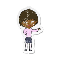 retro distressed sticker of a cartoon woman explaining
