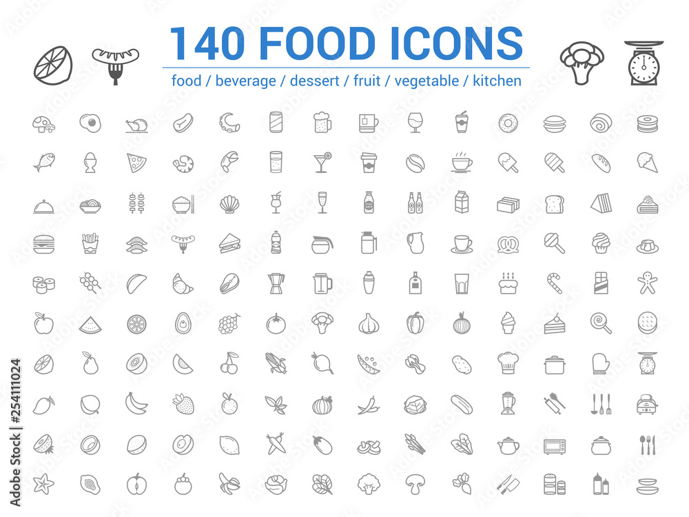 Wall mural 140 food line icons set. Vector illustration on white background  