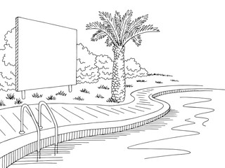 Swimming pool billboard graphic black white landscape sketch illustration vector