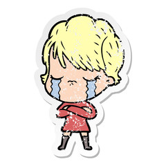 distressed sticker of a cartoon woman crying