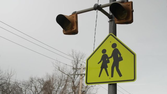 School crossing sign framed right with lights not flashing