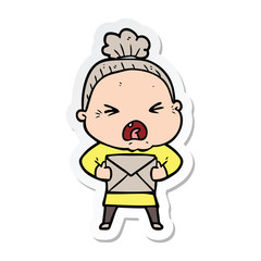 sticker of a cartoon angry old woman