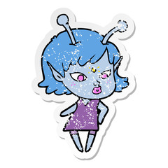 distressed sticker of a pretty cartoon alien girl