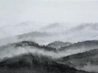 Poster watercolor ink landscape mountain fog.traditional oriental ink asia art style. © atichat