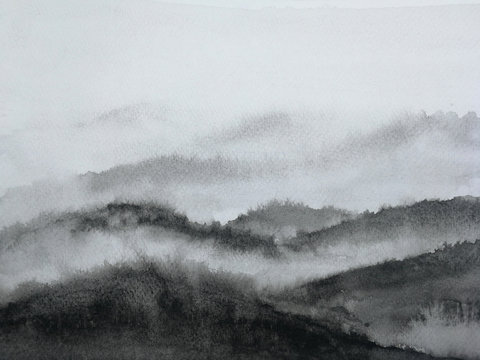 watercolor ink landscape mountain fog.traditional oriental ink asia art style.